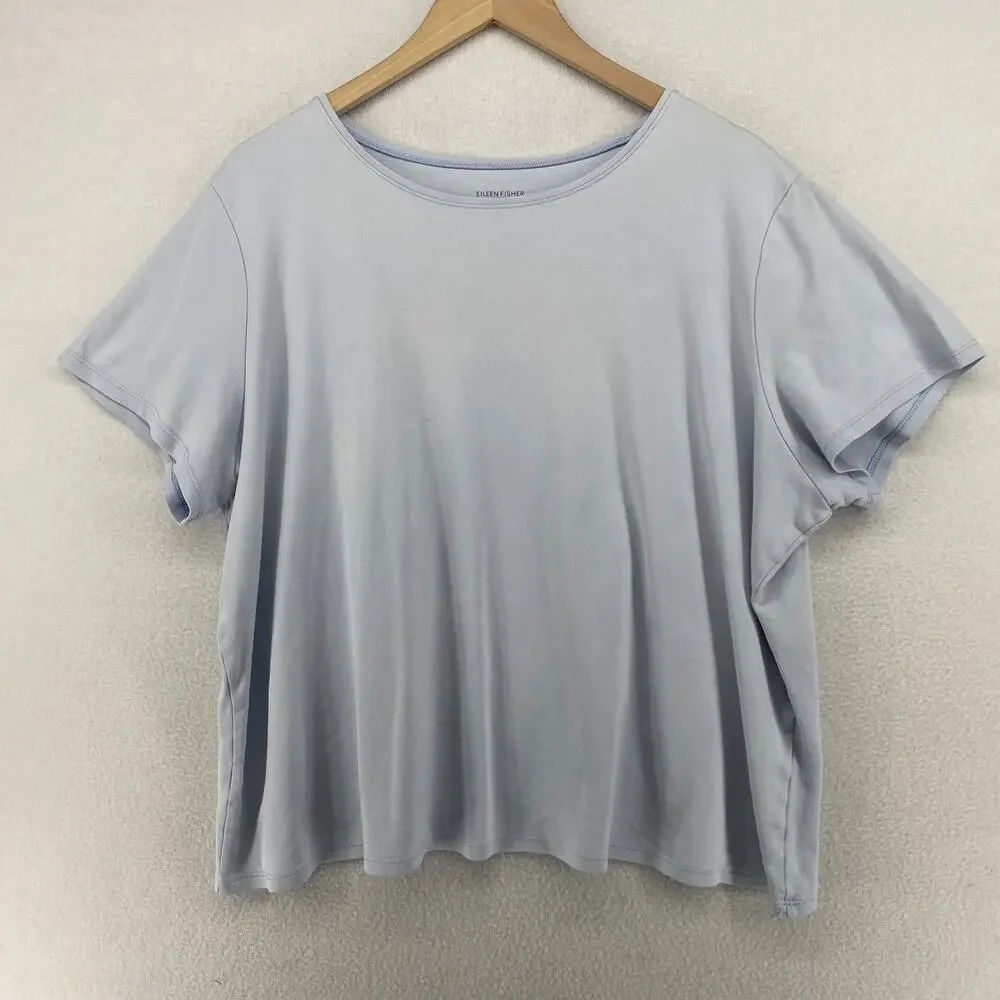 EILEEN FISHER Top 2X Plus Cotton Interlock Jersey Round Neck Short Sleeve Blue